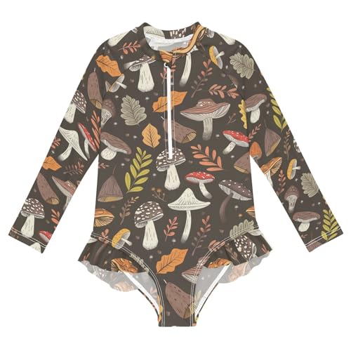 CaTaKu Girls One Piece Swimsuit Forest Fall Mushrooms Toddler Bathing Suit Long Sleeve UPF 50+ Rash Guard Swimwear 3-12Y