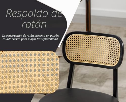 Miniatura 4 de Chairus Juego 4 De Sillas De Comedor Madera Maciza Sillas De Cocina Con Respaldo Ratán, Sillas Rústica Tapizado En Cuero Pu Para Restaurante Cafetería, Negro