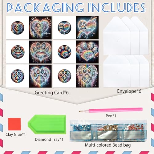 Image of 6 Pack Diamond Painting Greeting Cards with Envelopes, DIY 5D Diamond Art Card Kit Colorful Artistic Paw Designs, 30x15cm Handmade Rhinestone Cards Crafts for Pet Lovers and Creative Greetings