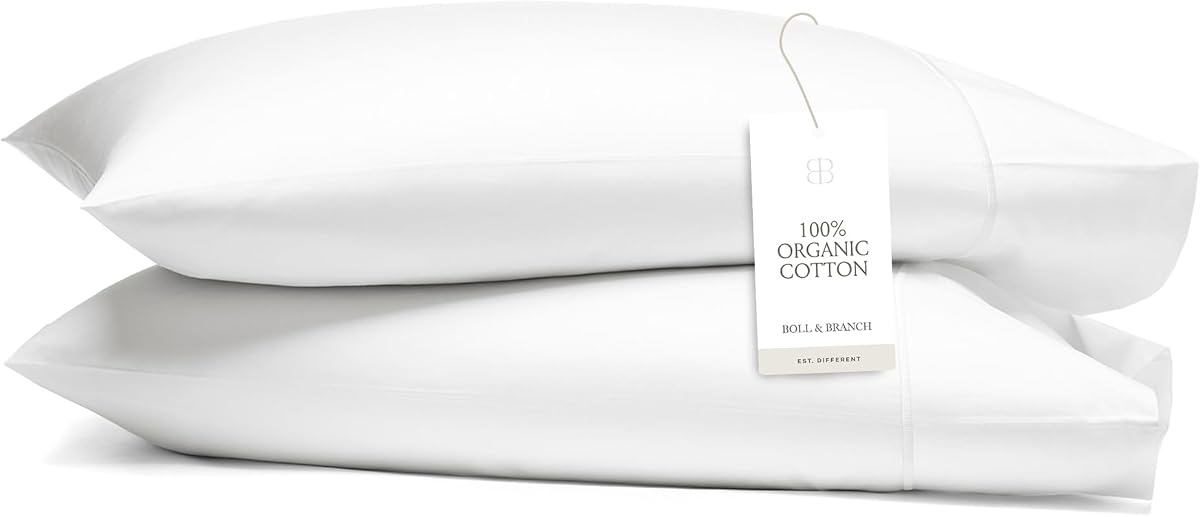 Juego de funda de almohada con dobladillo exclusivo de BOLL & BRANCH, rey, blanco | Algodón 100% orgánico de lujo - Mantequilla suave y transpirable - Más suave con cada lavado - 2 fundas de almohada incluidas