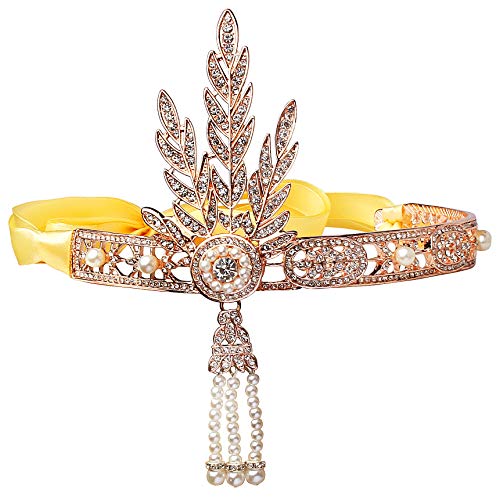 Coucoland Bling Rose Gold-Tone The Great Gatsby Inspired Flapper Leaf Simulated Pearl Wedding Tiara Headpiece Rose Gold
