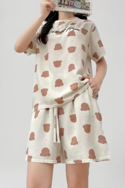 Pajama for Women Cute Printed Sets 2 Piece Ribbed Knit Lounge Sets Pjs Shorts Summer Short Sleeve Sleepwear with Pockets