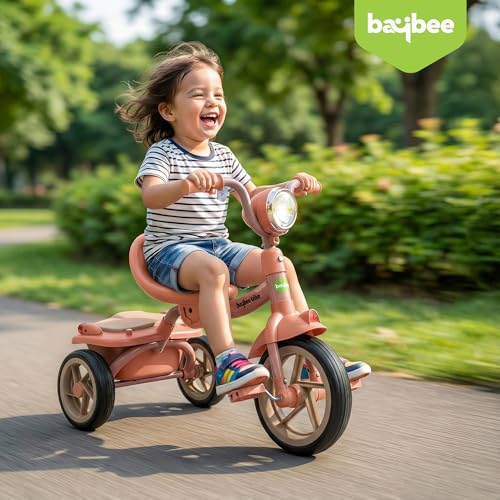 Image of Flyer Foldable Baby Tricycle for Kids | Kid Cycle with LED Light, Music & Storage Baskets | Baby Tricycle with Adjustable Seat & Handle | Cycle for Kids 2 to 5 Years (Pink)