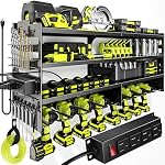 Large Power Tool Organizer Wall Mount with Charging Station,4 Layer Heavy Duty Metal Tool Storage Rack Loads 600lbs with 8 Cordless Drill Holder,Battery Utility Rack Loads with 4 Power Strip