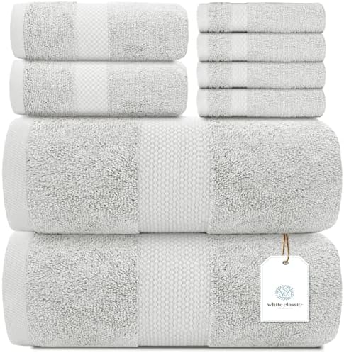 White Classic Luxury Silver Bath Towel Set - Combed Cotton Hotel Quality Absorbent 8 Piece Towels | 2 Bath Towels | 2 Hand Towels | 4 Washcloths [Worth $72.95] 8 Pack | Silver