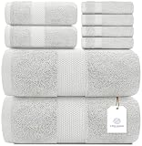 White Classic Luxury Silver Bath Towel Set - Combed Cotton Hotel Quality Absorbent 8 Piece Towels |