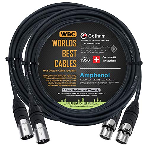 2 Units - 20 Foot - Gotham GAC-4/1 (Black) - Star Quad, Dual Shielded Balanced Male to Female Microphone Cables with Amphenol AX3M & AX3F Silver XLR Connectors - Custom Made by WORLDS BEST CABLES