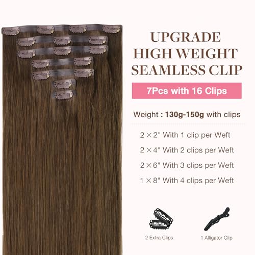 Image of GOO GOO Clip in Hair Extensions Real Human Hair, Remy Human Hair Extensions Clip ins for Women, Natural Human Hair, 16inch 130g 7Pcs, 4A Chocolate Brown