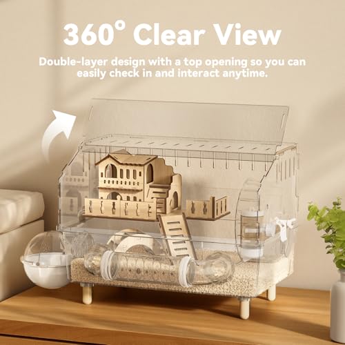 9 in 1 Acrylic Hamster Cage, Clear Dwarf Hamster Cage, with Tubes and All Accessories, 2-Tier Mouse Habitat, Easy to Clean, Suitable for Small Pets (Transparent) - Image 4