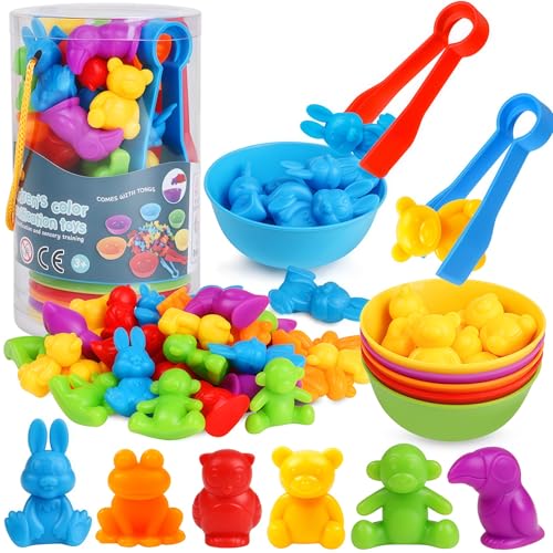 Counting Animals Color Sorting Matching Games with Sorting Bowls Montessori Sensory Early Educational Toys Learning Fine Motor Skill & Counting Math Toys Gift for 3 4 5 Year Old Boys Girls