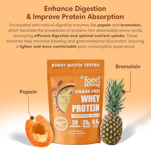 Image of Foodstrong Whey Protein Powder (Concentrate + Isolate), 100% Hormone Free Grass-Fed Whey, 25G Protein & 6.6G BCAA, Haldi Badam, With Turmeric & Digestive Enzymes, 1KG