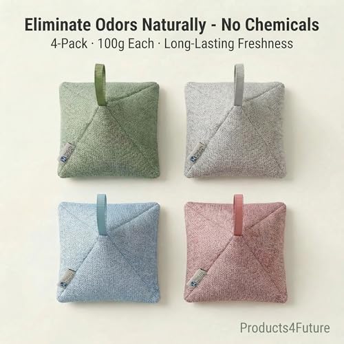 Image of 4 pack Naturally Activated Bamboo Charcoal Air Purifying Bags | Natural Home Deodorizer Bag | Charcoal Bag Odor Absorber For Pets | Odor Eliminator & Moisture Absorber Air Freshener Bag (100g Pyramid)