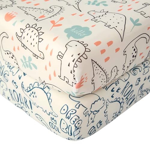 SDIII Dinosaur Pack N Play Sheets Fitted 2 Pack Stretchy Microfiber Jersey Knit Dino Mini Crib Sheets for Mattress 38x26 Soft Toddler Playard Bedding