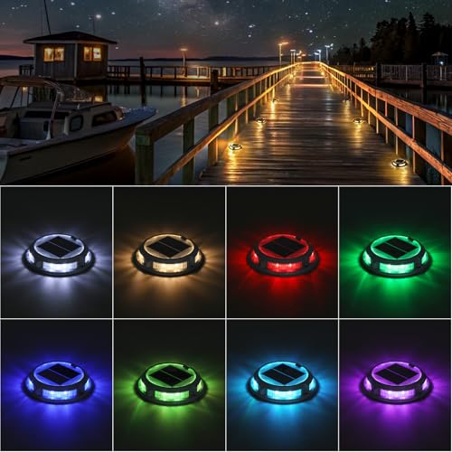 Solar Driveway Lights Outdoor 12 Pack, RGB Colors Solar Deck Lights Outdoor Waterproof IP68, Solar Dock Lights Driveway Marker for Warning Stair, Boat Dock, Step, Walkway, Christmas Outdoor 