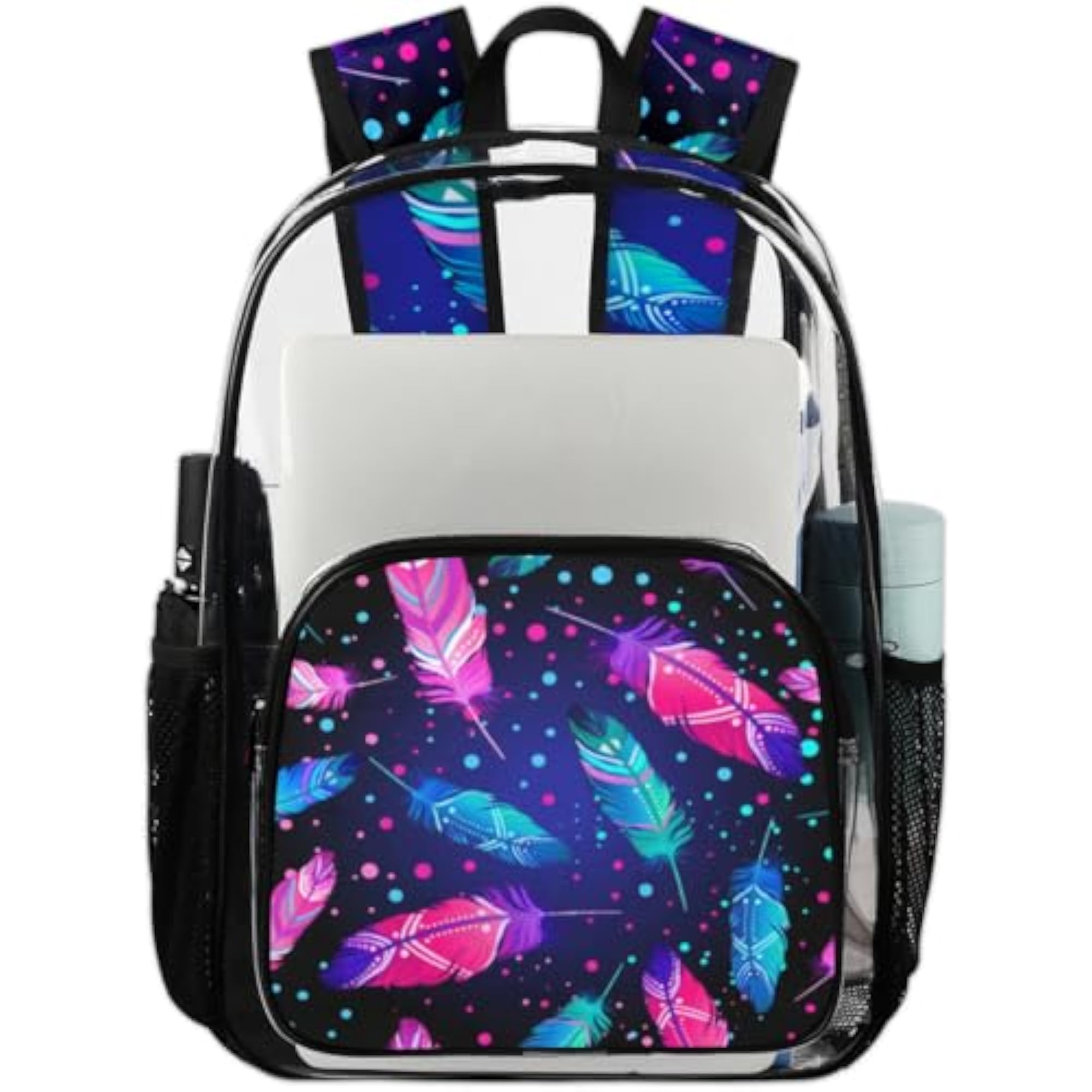 Colorful Feather Clear Backpack with Laptop Compartment