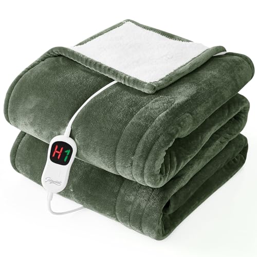 Image of Homemate Electric Heated Blanket Full Size - 72 inchx84 inch Heating Bed Blankets Throw with 8 Hours Auto Off 10 Heating Levels Fast Heating Over-Heated Protection Soft Warm Flannel Bed ETL Certified Green