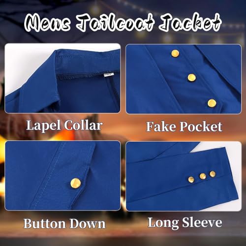 YQVGFBY Men's Gothic Steampunk Tailcoat Men,Medieval Victorian Vintage Jacket Uniform Long Tuxedo,Renaissance Pirate Vampire Party Cosplay Costumes for Adults Men (Blue - Image 4