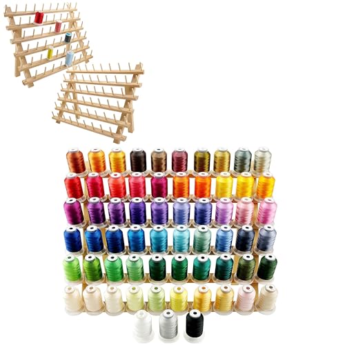 New brothread Value Pack Bundle Add-ons for Machine Embroidery Lovers Includes 63 Colors Compatible with Brother Embroidery Thread Kit + 2X60 Spools Wooden Thread Rack