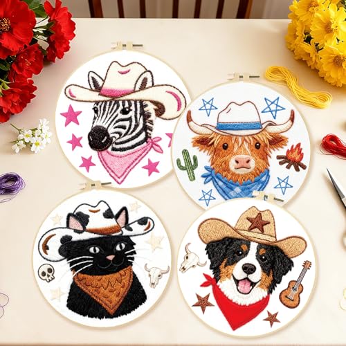 Image of BEUNITONE 4 Set Embroidery Kit for Beginners, Animal Cowboy Patterns Cross Stitch Kits, Needlepoint Kits for Adults with Hoop, Cute Hand Embroidery Patterns for Cloth and Home Decor