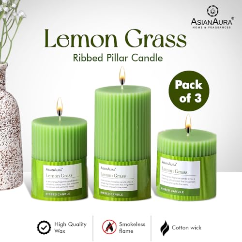 Image of ASIAN AURA Ribbed Pillar Candles - Pack of 3 | Scented Candles for Home Decor, Gifting & Festive Use | Long Burn time up to 36hrs | Clean-Burning Wax & Smokeless Flame (Lemon Grass)