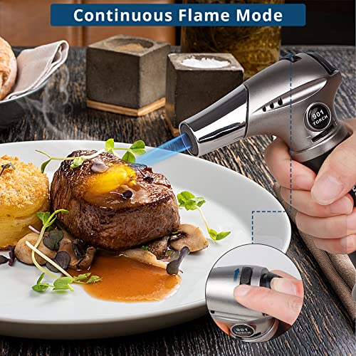 Image of Sondiko Refillable Lighter, Fit All Butane Tanks with Safety Lock, Adjustable Flame and Continuous Mode Kitchen Torch for Dessert, Baking, BBQ