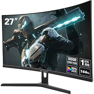 CRUA Gaming Monitor, Curved 27 Inch QHD 144Hz Computer Monitor, 2560 * 1440P 1800R Frameless PC Monitor, 1ms GTG with FreeSync, Low Motion Blur, Eye Care, VESA, DisplayPort/HDMI