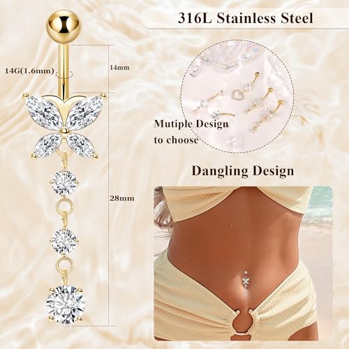 5Pcs 14G Surgical Steel Dangle Belly Button Rings for Women Dangling Belly Rings CZ Navel Rings Hypoallergenic Heart Flower Butterfly Teardrop Navel Piercing Jewelry 10/14mm3