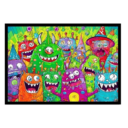 GAEKKO Tableau mural, motif de monstres mignons, créatures colorées avec contours clairs, sur verre acrylique, avec cadre photo, 30 x 20 cm