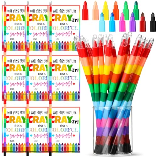 Moinchore 24 Sets End of Year Gift Includes Buildable Crayons with Gift Cards and Double Sided Adhesive Dots for Prizes Summer Birthday Party Supplies(12 Colors Rainbow)