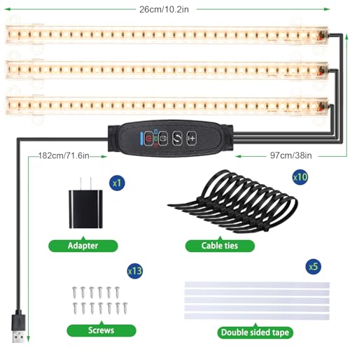 Image of 10.2'' 3 Head Grow Light Strips, LED Grow Lamps for Indoor Plants, Full Spectrum 3000K, Plant Light with 3 /9 /12H Timer, 10 Dimmable Levels for Seedling Succulent, Match for Plant Shelf