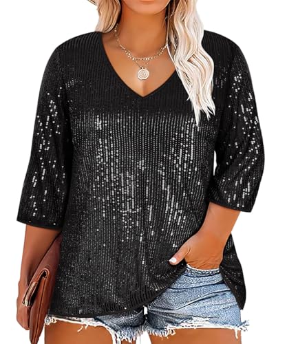 RITERA Plus Size Glitter Tops for Women 3/4 Sleeve Shirts Evening Cocktail V Neck Sequin Blouse Tunic Weddings XL-5XL