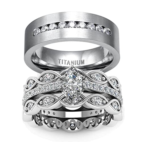 LOVERSRING 3pc Two Rings His and Hers Couple Rings Bridal Sets His Hers Women White Gold Plated Heart Cz ManTitanium Wedding Ring Band Set