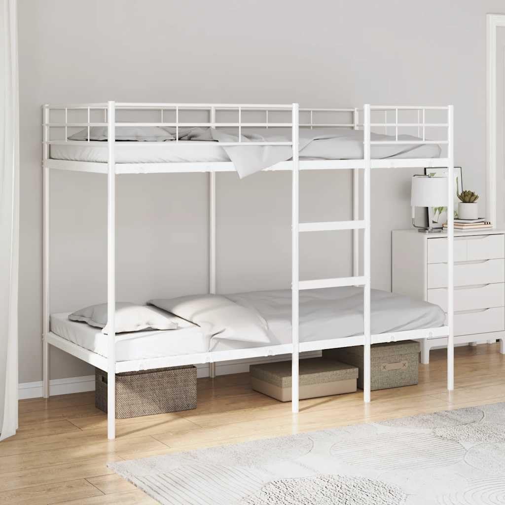Fully assembled white steel bunk bed in a room setting