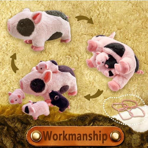 Image of Pig Stuffed Animal，Cute Pig Mommy Stuffed Animal with 4 Baby Pig Plushies in Tummy，Kawaii Pig Plush Toy Gift for Kids Girls Boys