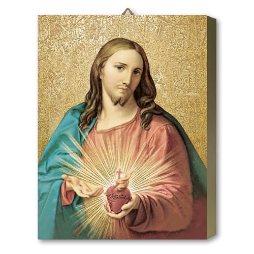 Sacré-Cœur de Jésus plaque chêne doré pour coin prière chrétien à la maison