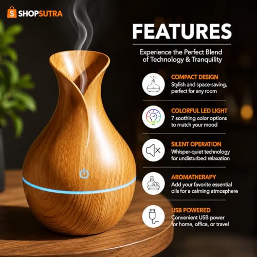 Image of Aroma Diffuser with LED Light - USB Powered Tabletop Mist Humidifier for Desk and Bedside Use (Wood Aroma Diffuser)