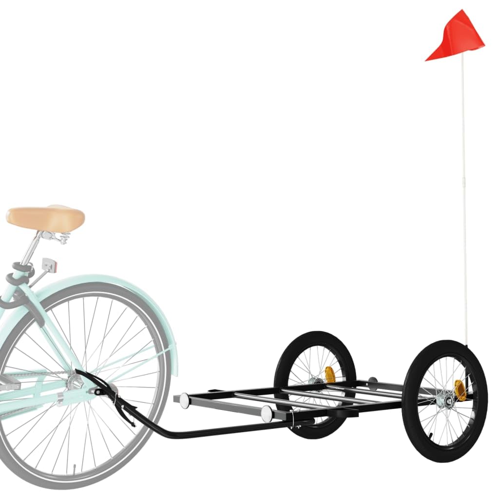 Mangloder - Rimorchio per bicicletta, nero, 122 x 53 cm, in ferro con timone, carico, bandiera di sicurezza, ideale per trasporto, campeggio, famiglia, cani, bagagli, design robusto, durevole