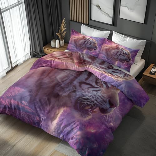 Leptukn Tiger Duvet Cover Queen, Wild Animal Bedding Set 3 Piece - Tiger Bedroom Decor, Soft Microfiber, 2 Pillowcases, with Zipper & Ties (No Comforter)