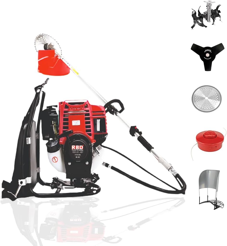 RBD 50cc Backpack Brush Cutter Machine 4 Stroke | Weed Cutter with 80T & 3T Blades, Tap&Go, Tiller Attachment, Baffle Guard & Paddy Guard | Heavy Duty Grass Cutter with 2 Year Warranty