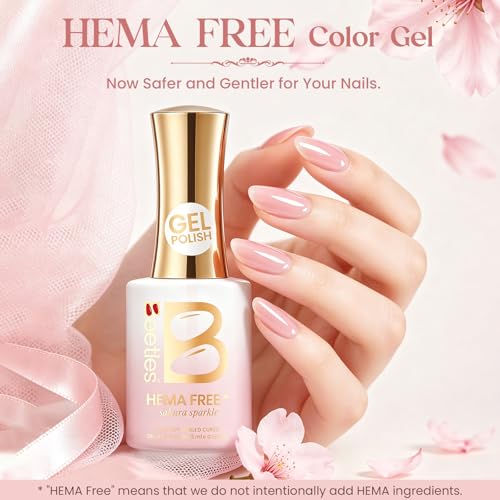 Image of Beetles Nude Pink Gel Nail Polish - Sakura Sparkle 15ML Neutral Jelly Pink Nail Polish Base Color Nail Concealer Sheer Translucent Effect Soak Off UV LED French Nail Art Salon DIY Manicure Gifts