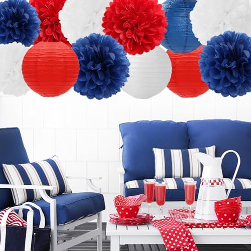 Image of Fourth-4th Of July Imemorial-Day Party-Decorations - 15pcs Red White Blue Paper-Flowers Lanterns,Patriotic Graduation Tissue Pom Poms Streamers,Independence Veterans Hanging Supplies Decor Hugfond