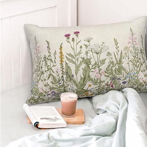 Image of AEIOAE Sage Green Pillow Covers 12x20 Inch Set of 2, Spring Wildflower Plant Throw Pillows Case,Seasonal Floral Outdoor Decorative Flowers Farmhouse Decor Cushion Covers for Home Sofa Bed Couch