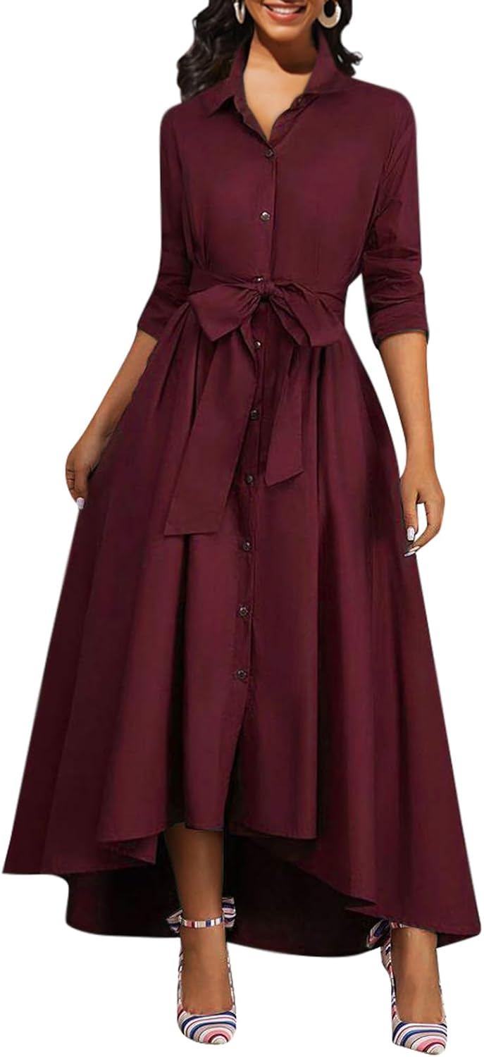 BestGirl Women's Button Down T-Shirt Dress Casual High Low V Neck Loose Long Dress with Belts