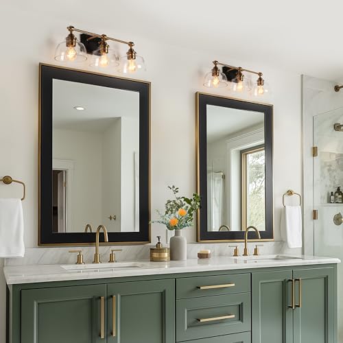 Image of KSANA Bathroom Light Fixtures, 3 Light Black and Gold Vanity Lights for Bathroom with Clear Glass Shade, 24.5'' Modern Brass Bathroom Lights Over Mirror