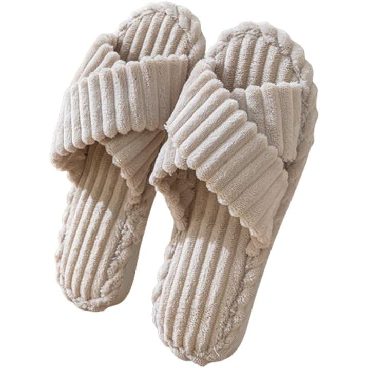 Image of SILENCIO Slippers for Women House Bedroom Furry Cross Bands Slide Shoes Anti-Skid Sole Open Toe Slippers Indoor & Outdoor