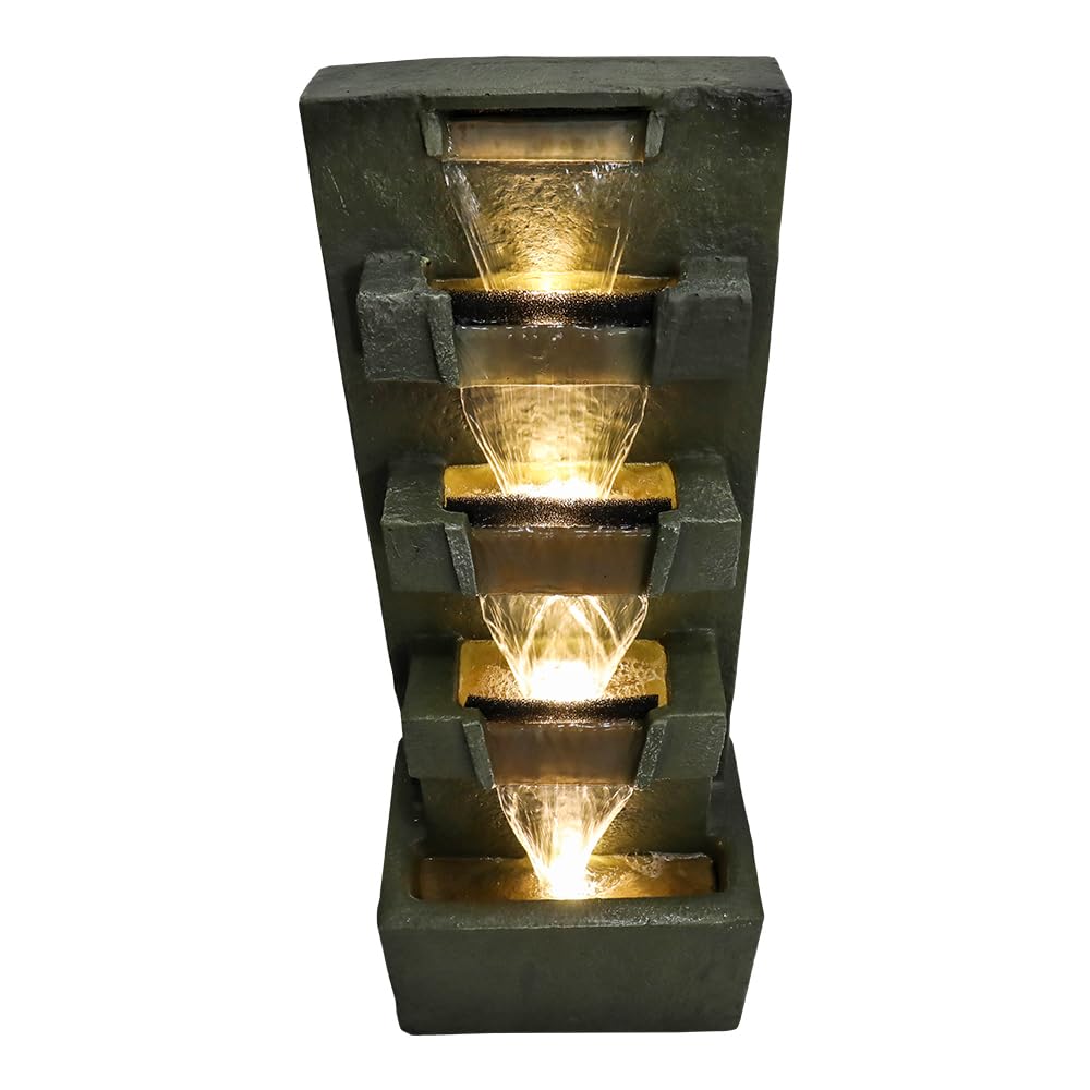 ourrco 39.3inches High Concrete Modern Water Fountain 5-Tiers Indoor/Outdoor Water Fountain w/LED Lights Cascading Waterfall Features for Home Garden Backyard Decor