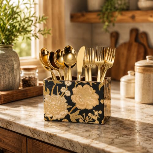 Image of Wooden Spoon Holder for Dining Table | 2-Section Cutlery Storage Box | Kitchen Utensil Organizer with Elegant Gold black Pattern | Multipurpose Tabletop Stand | 10 x 16 x 12 cm (Black Design)