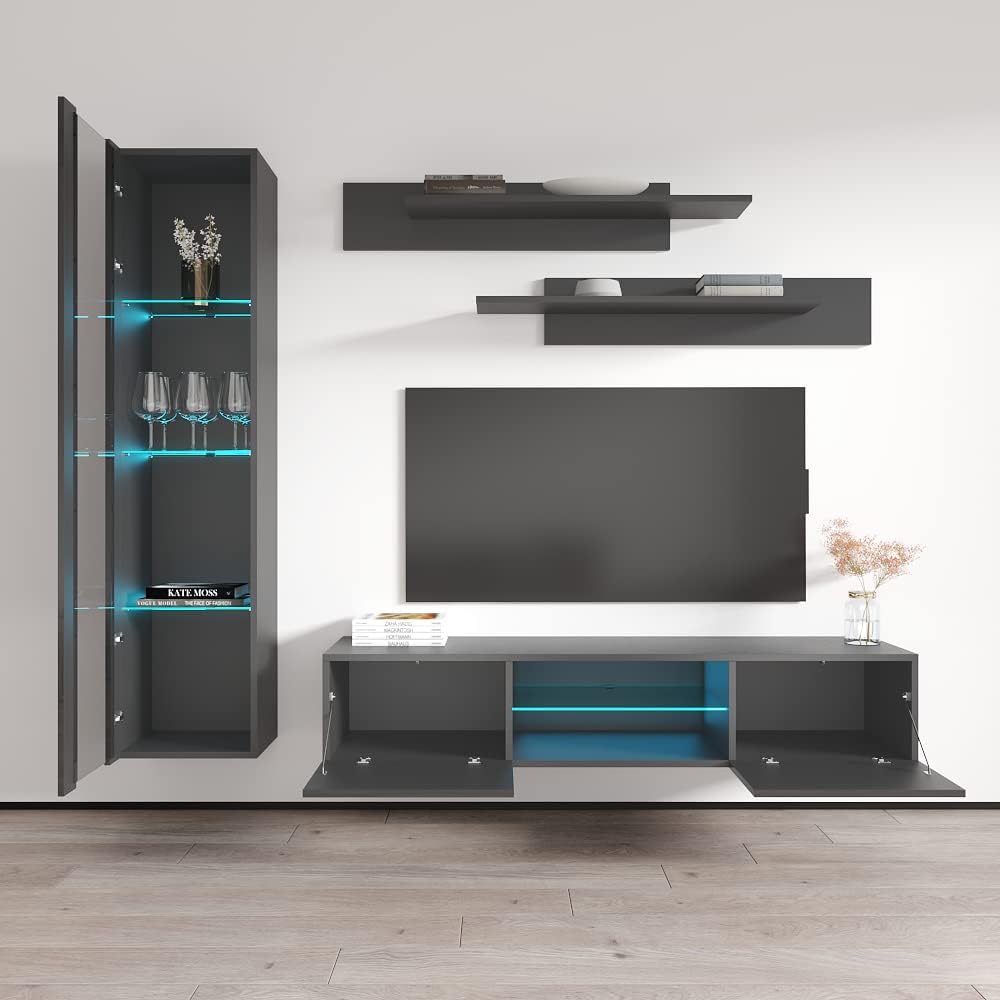 Meble Furniture Fly G3 33TV Stand Wall-Mounted Entertainment Center — Floating Modern Console with Storage Shelves and LED Lights, 59.1" W x 13.8" D x 19.7" H — Grey