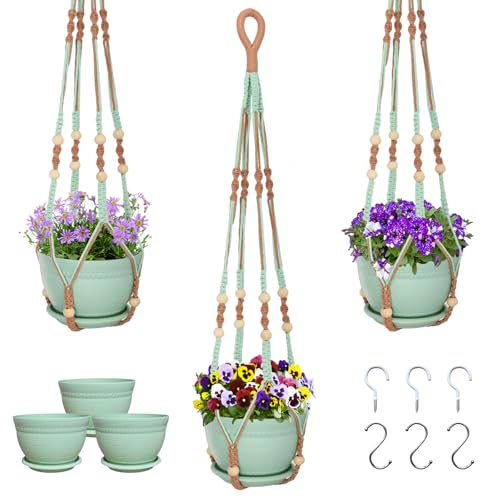 Macrame Plant Hanger with Pot, 3 Set Hanging Planters for