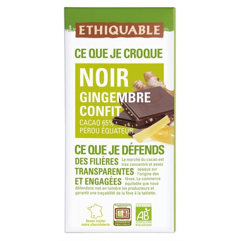 Chocolat Noir Gingembre Bio - Saveur Épicée et Équitable - Ethiquable 100g - Le Lot De 4